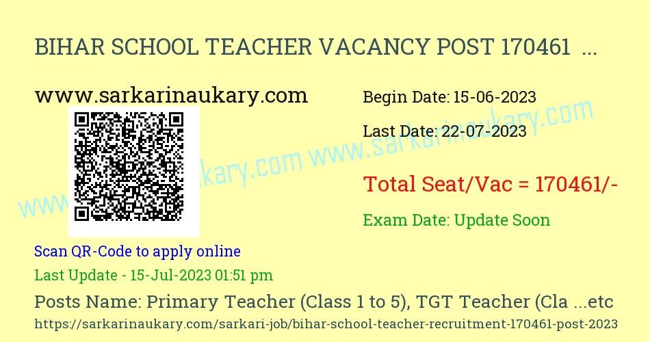  Bihar School Teacher Total Vacancies 170461 Apply Online